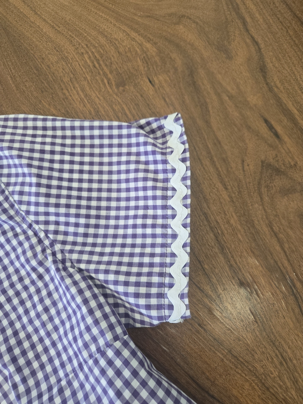 Women’s Purple Gingham Short Sleeve Top with White Ric Rac Trim